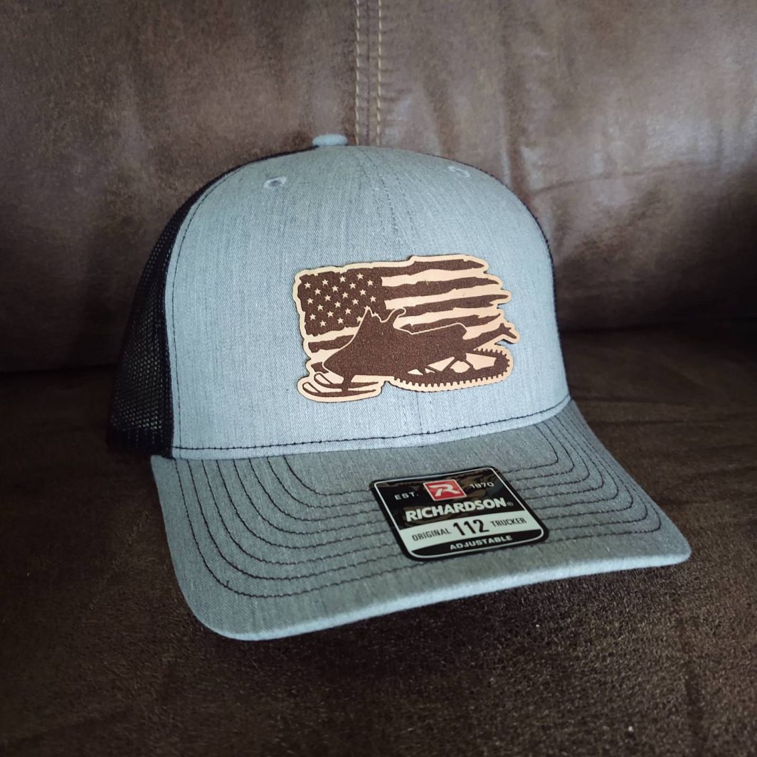 Snowmobile Leather Patch Hats - American Flag snowmobile